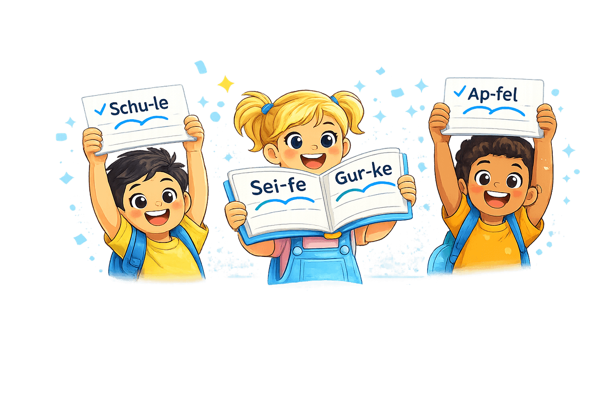 Kinder halten Wortkarten mit Silbenbögen - Schu-le, Sei-fe, Gur-ke, Ap-fel